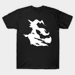 Witch Flying on Broomstick White Silhouette T-Shirt